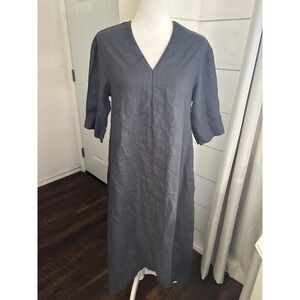 Moutaki Dress Womens Medium Blue Linen V Neck Midi Shift Short Sleeve Greece
